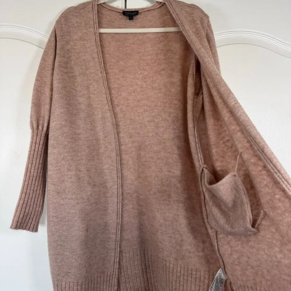 Blush Pink Longline Open Front Cardigan Ribbed Knit Size 10